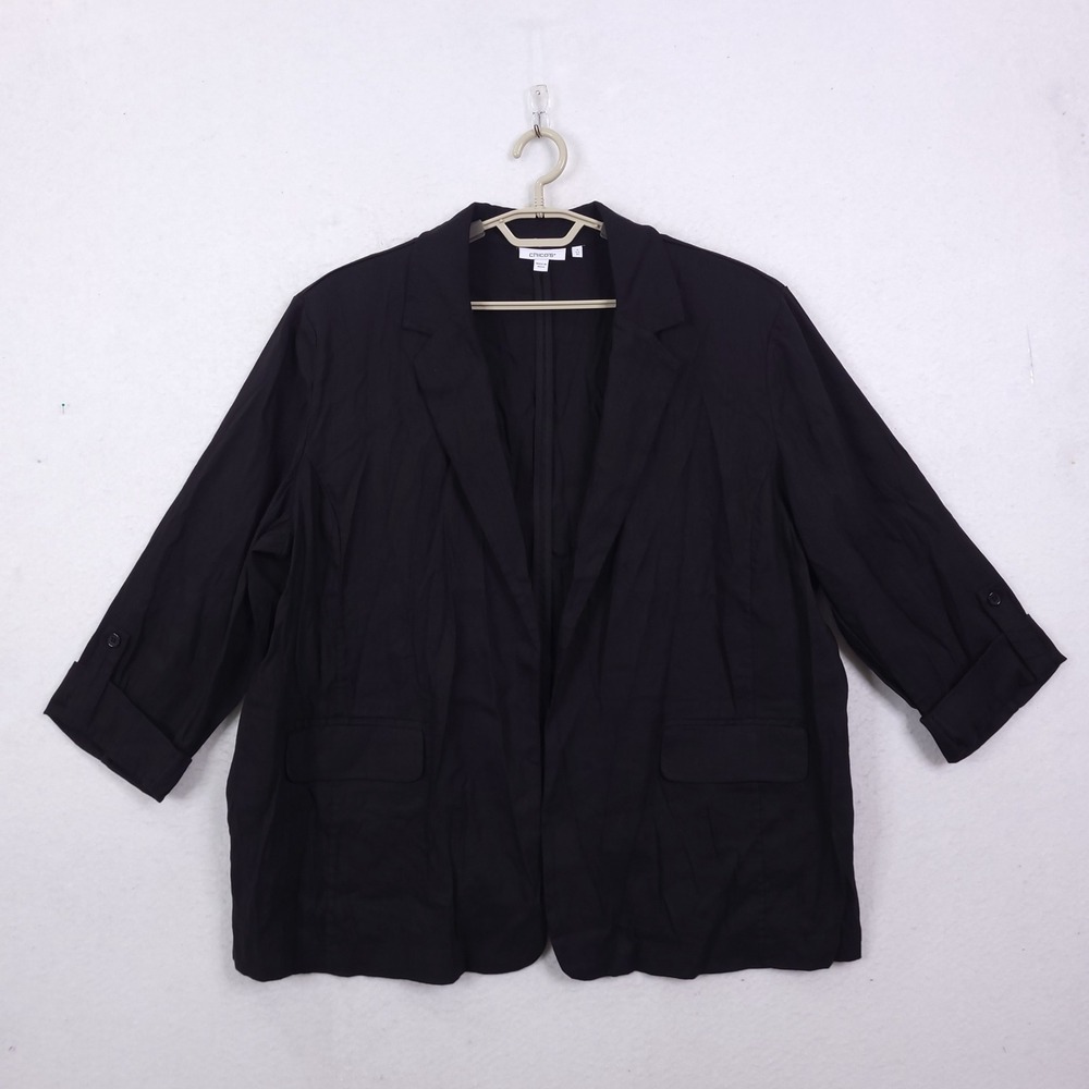 Chicos Blazer Linen Blend Size 4 Black Office Chic Casual Preppy Minimalist